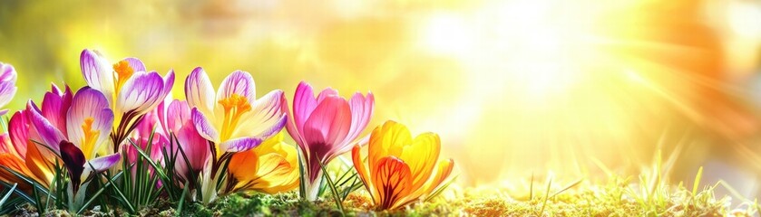 Fototapeta premium A vibrant field of blooming crocus flowers under bright sunlight, evoking the freshness of springtime