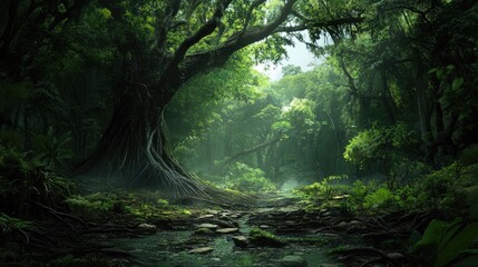 Fototapeta premium Lush rainforest landscape featuring towering trees, dense foliage, and serene natural light creating a tranquil and exotic outdoor environment