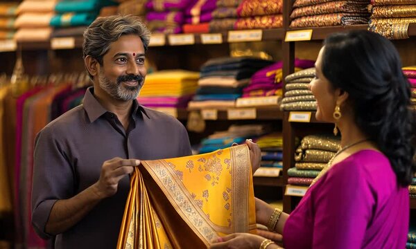 A lively scene in a vibrant saree shop where a cheerful salesman is enthusiastically showcasing a saree by draping it over himself to demonstrate its elegance