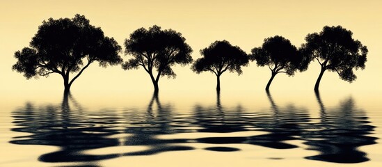 Silhouette of trees reflecting in calm water creating a serene and tranquil landscape at dusk