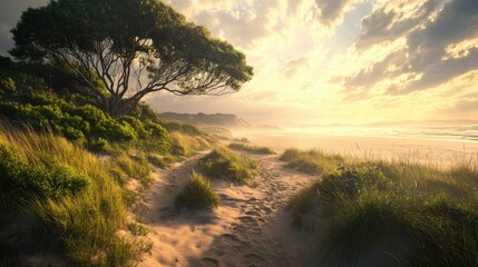 Tranquil Beach Pathway with Lush Greenery and Dramatic Sky at Sunrise