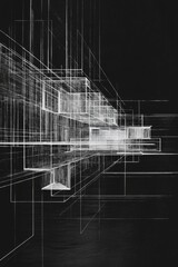 Abstract architectural sketch on a black background, with white lines floating in a three-dimensional structure in space