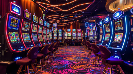 Online casino, blue banner with laptop, slot machine, Casino Roulette and poker chips in blue scene with neon ring on background.