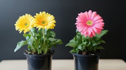 Fototapeta premium Vibrant yellow and pink gerbera daisies in black pots with rich green leaves on a contrasting dark background