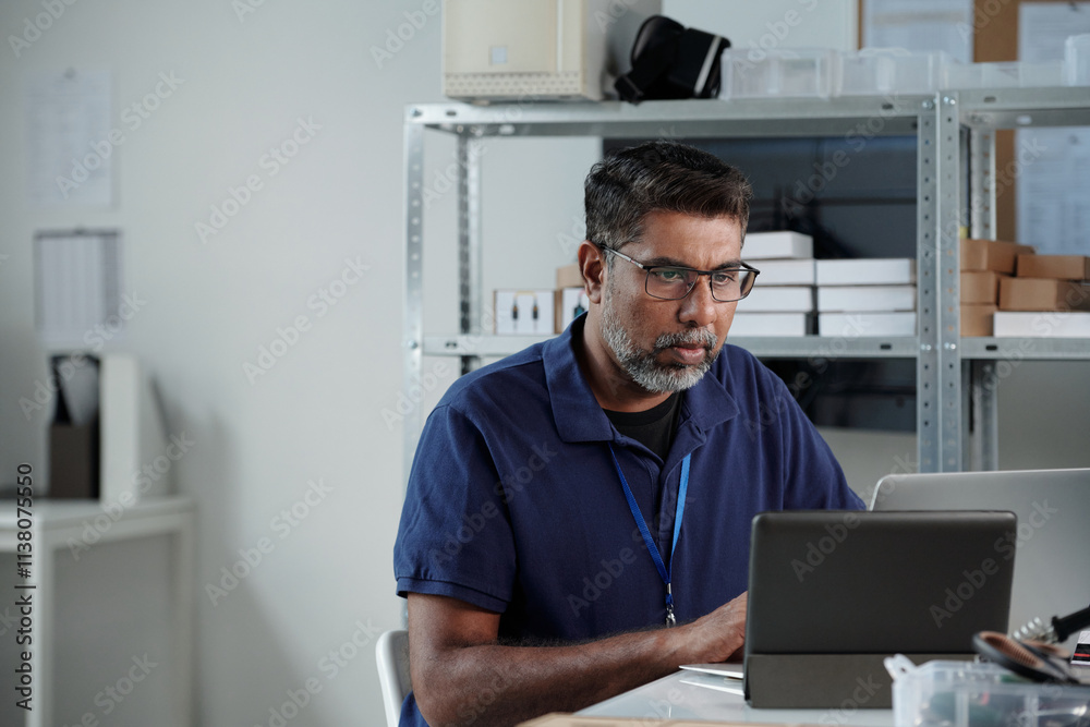 Poster portrait of man working in office with laptop computer