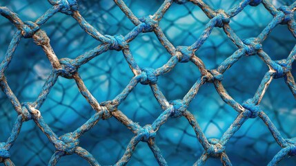Fototapeta premium Textured blue fishing net against a vibrant blue background creating a nautical and marine-themed visual. Perfect for ocean-related designs.
