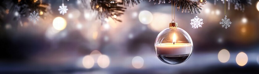 Elegant candle ornament hanging on a Christmas tree branch, surrounded by soft lights and snowflakes for festive ambiance.