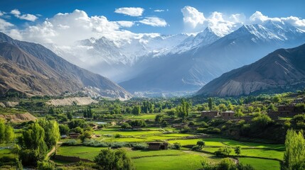 Lush green valley landscape with majestic snowy mountains under a clear blue sky showcasing natural beauty and tranquility