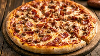 Delicious loaded pizza topped with crispy bacon and savory sausage on a wooden platter.