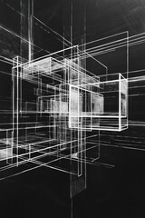 Obraz premium Abstract architectural sketch on a black background, with white lines floating in a three-dimensional structure in space