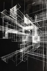 Abstract architectural sketch on a black background, with white lines floating in a three-dimensional structure in space