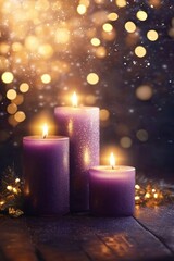 Tranquil purple candles glowing softly in a peaceful setting, creating a warm and inviting ambiance with bokeh lights.