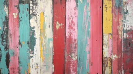 Obraz premium Weathered wooden boards with vibrant paint remnants in various colors creating a rustic and artistic background texture for design projects.