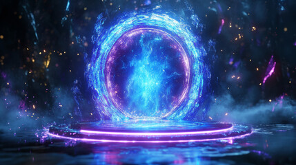 Blue light portal effect with magic neon glow. Tech hologram teleport. Energy ring for game. 3d power vortex pedestal. Abstract luminous futuristic product stage with line swirl and circular sparkle