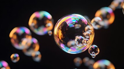 Naklejka premium Close up of colorful soap bubbles floating on a black background.