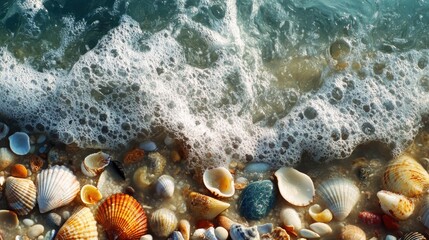Seashells and colorful stones on sandy beach with gentle waves creating a serene summer coastal atmosphere and natural beauty.