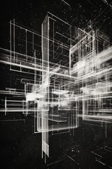 Obraz premium Abstract architectural sketch on a black background, with white lines floating in a three-dimensional structure in space