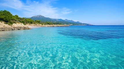 Fototapeta premium Serene blue sea with clear water and scenic coastline under a bright summer sky perfect for travel and relaxation themes