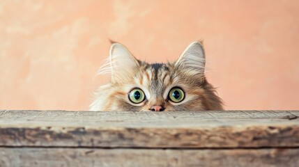 A curious cat peeking over a wooden surface against a soft pastel background.