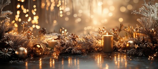 Obraz premium Elegant holiday decorations with candles and festive elements on a shimmering backdrop creating a warm Christmas atmosphere.