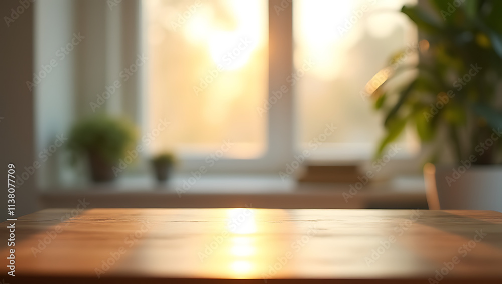 Poster A selective focus on a wood table with a blurred curtain behind it is seen through a window in the morning._00003_