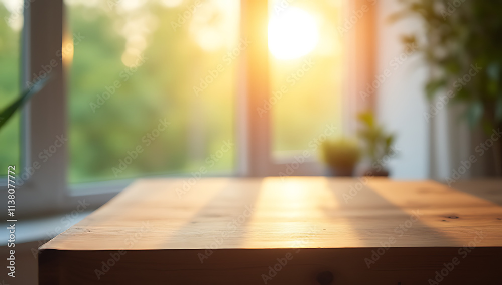 Poster A selective focus on a wood table with a blurred curtain behind it is seen through a window in the morning._00002_
