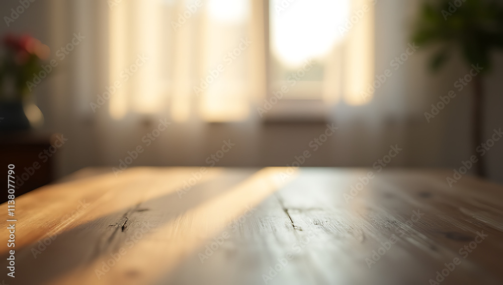 Poster A selective focus on a wood table with a blurred curtain behind it is seen through a window in the morning._00001_