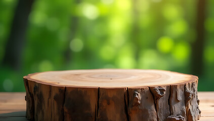 Fototapeta premium A selective focus of an old tree stump table with a blurred green tree background suitable for product display purposes._00002_