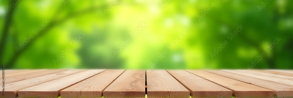 Poster a selective focus is achieved by centering a wood tabletop within a blurred green tree background sc