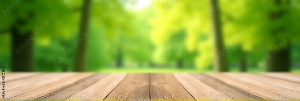 Aufkleber a selective focus is achieved by centering a wood tabletop within a blurred green tree background sc