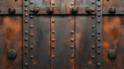Fototapeta premium Rusted steel background texture with weathered wood elements and decorative metal rivets for industrial and vintage design applications.