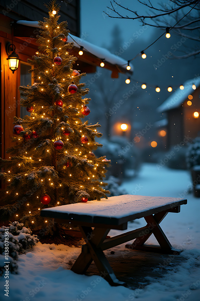 Poster a rustic wooden table stands empty under a christmas tree amidst gentle snowfall on a quiet winter e