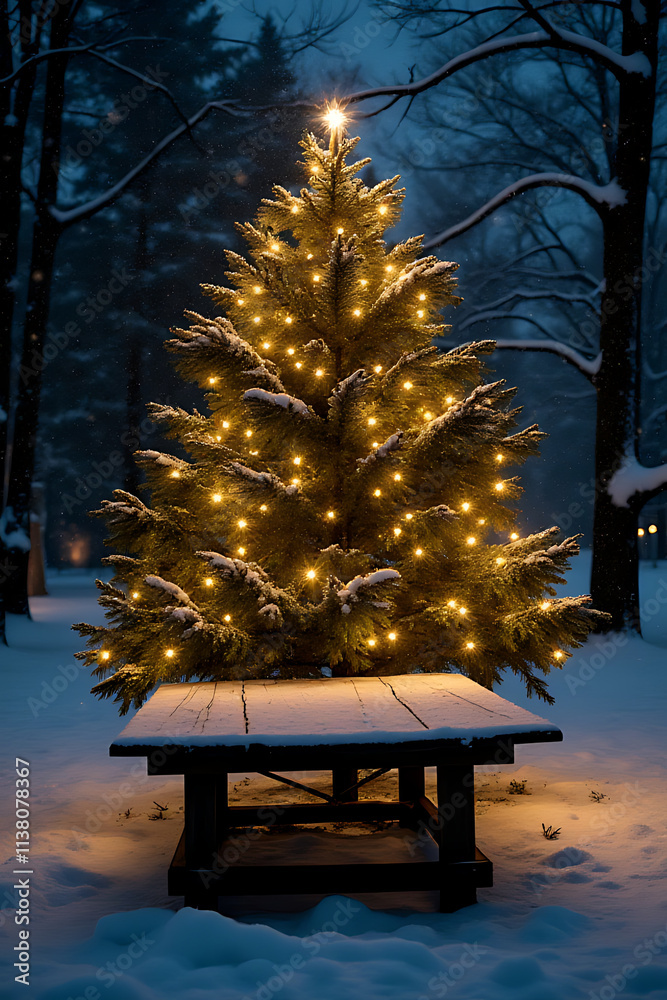 Poster a rustic wooden table stands empty under a christmas tree amidst gentle snowfall on a quiet winter e