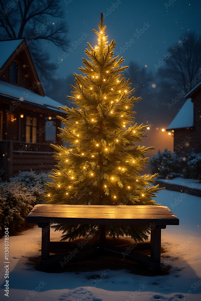 Poster a rustic wooden table stands empty under a christmas tree amidst gentle snowfall on a quiet winter e