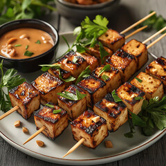 Grilled tofu skewers served with peanut sauce and garnished with herbs, creating delicious and healthy dish perfect for any meal