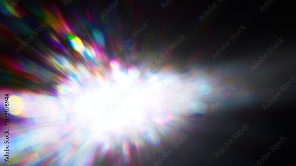 Poster abstract light burst with colorful reflections, creating a dynamic and vibrant visual effect for art