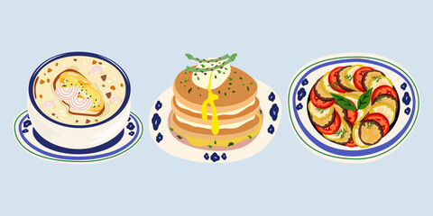 Traditional French dishes. Menu for kitchens, cafes and restaurants. Flat vector food stickers. Onion soup, ratatouille and pancake with poached egg and asparagus