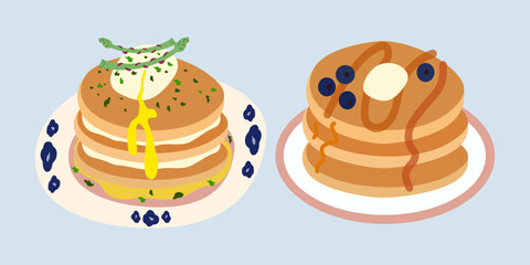 Cute breakfast food. Vector sweet pancakes with maple syrup and blueberries and savory pancakes with poached egg and asparagus