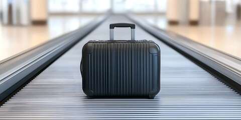 Conveyor belts airports security screening concept. A sleek black suitcase on a conveyor belt in an airport, showcasing a modern travel aesthetic.
