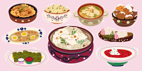 Collection of Traditional Ukrainian cuisine. A set of Ukrainian national dishes for the Christmas table. Cute flat vector food stickers