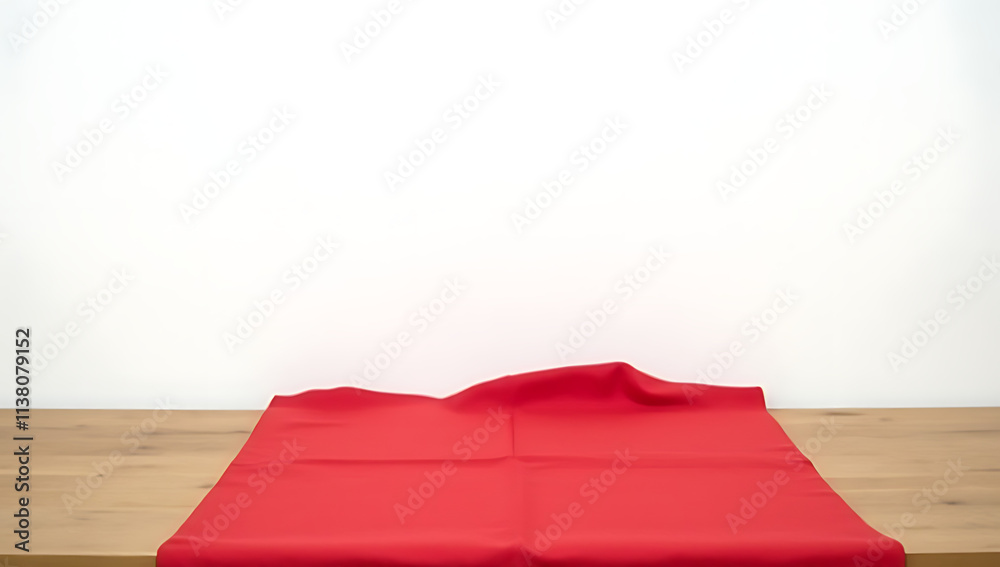 Poster A piece of red cloth lies draped over a wooden table in front of a plain white background on the wall._00002_