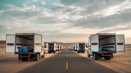 Empty aid trucks on a desolate desert road, symbolizing the gap between humanitarian efforts and the harsh realities of crisis zones