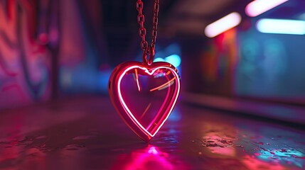 A glowing neon heart locket hanging on a sleek metallic chain.