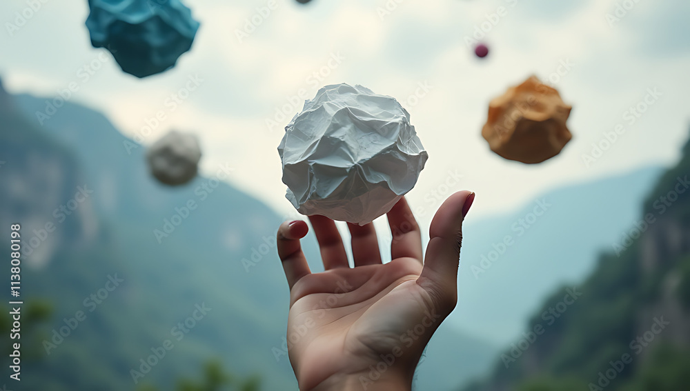 Poster A person chooses a crumpled paper ball from among various creative ideas and concepts set against a mountainous backdrop._00002_
