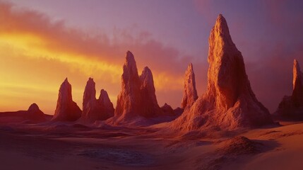 Naklejka premium Algharameel pinnacles glowing at dusk with vibrant colors illuminating the dramatic desert landscape and unique rock formations.