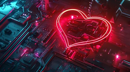 A glowing neon heart symbolizing love and technology together.