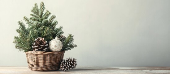 Fototapeta premium Christmas decorations in a rustic basket with fir tree and pine cones on wooden table against a soft neutral background