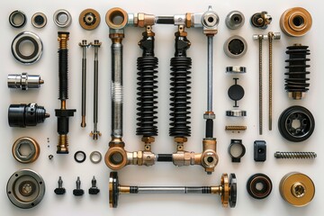 Obraz premium Car suspension parts such as shock absorbers, springs, control arms and bushings. Car repair and maintenance