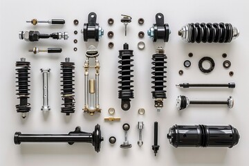 Car suspension parts such as shock absorbers, springs, control arms and bushings. Car repair and maintenance