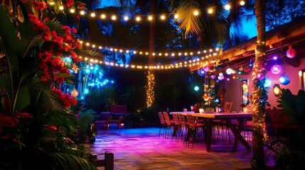 Tropical villa New Year celebration with exotic flowers, colorful lights and a lively atmosphere filled with music, dancing and fun